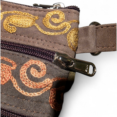 Artisan Embroidered Suede 5 Zip Crossbody Bag